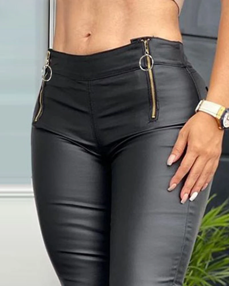 

Women Faux PU Leather Pencil Pant Zipper Pocket Design Skinny Pants