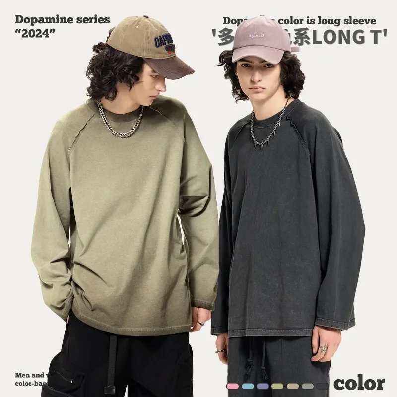 

y2k clothes Men 230GSM Cotton HeavyWeight Retro Washed Spring Summer New Oversized High Quality Tee Unisex Hip Hop Long Sleeve