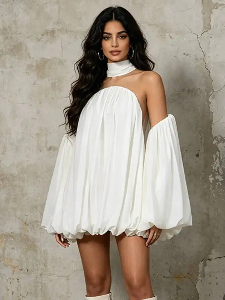 ONEXWEN 2026 New Black Off Shoulder Mini Dress For Women Choker Neck Long Puff Sleeve Bubble Elegant Loose A-Line Dress ZM5347