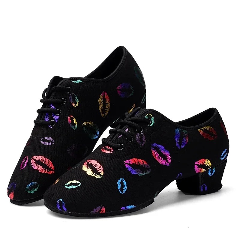 high heel dance shoes sneakers women ballroom latin dance shoes woman black close toe dancing shoes for women Lip print