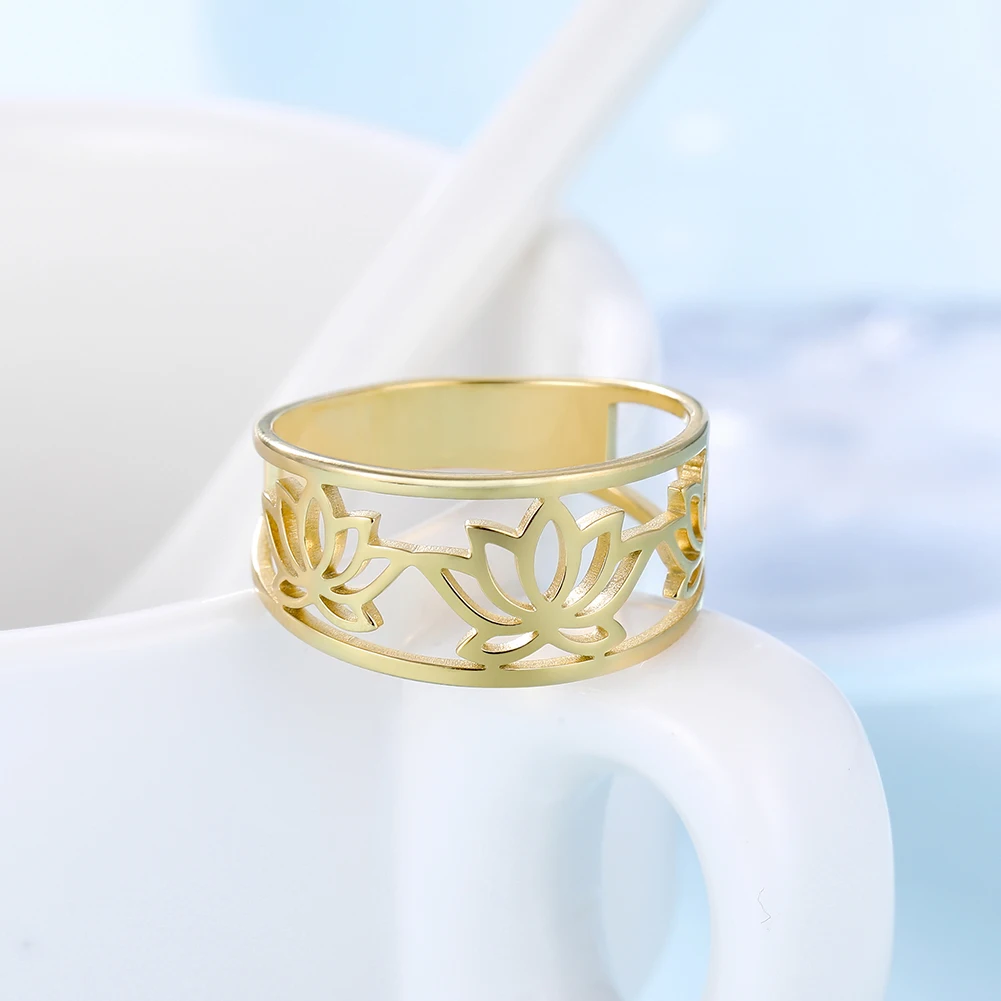 Kkjoy Mode Vintage Edelstahl Gold Farbe Lotus Blume Finger Ringe Für Frauen Buddhismus Amulett Schmuck Geschenk Großhandel – Detail 9