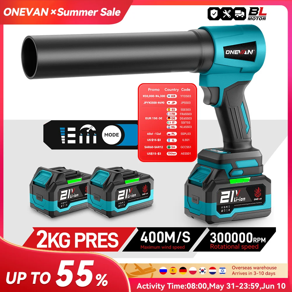 ONEVAN 4000W Brushless Electric Turbo Blower Jet Fan 400M/S 300000RPM Leaf Blower Dust Blowing Tool For Makita 18V Battery Pin