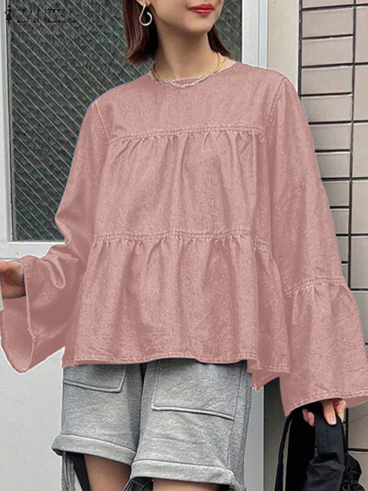 ZANZEA Women Solid Color Blouse 2024 Casual Loose O-Neck Blusas Leisure Flare Long Sleeve Tops Vintage Ruffles Stitching Tunics