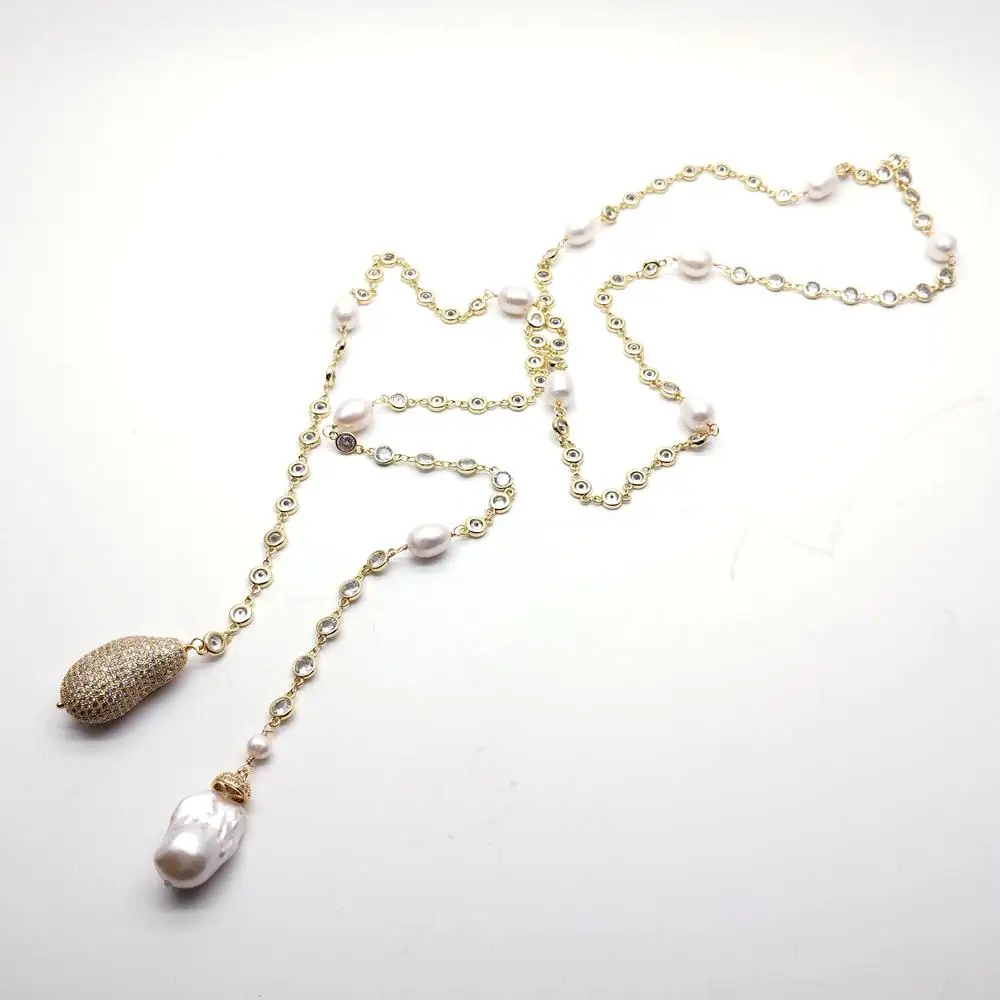 

YYGEM 47" 7mm White Baroque Pearl 2.5mm Cz Pave Rosary Chain Long Necklace