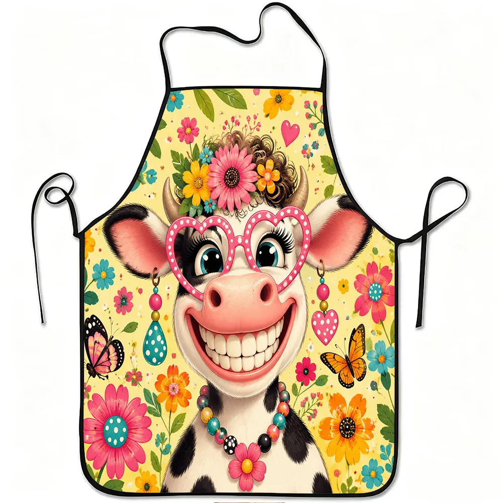 1pc Funny Smiling Cow with Floral Heart Glasses Print Apron, Durable and Easy to Clean, Adjustable Waistband, Polyester