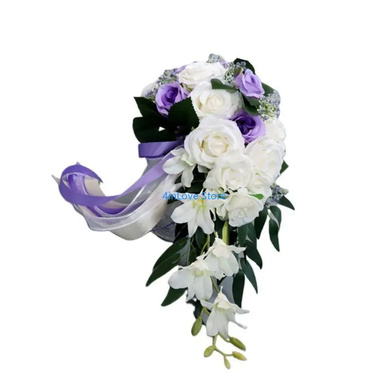 T4MD Teardrop Romantic Wedding Bridal Long Bouquet Artificial Rose with Ribbons Waterfall Flowers Bunch DIY Party Decoration