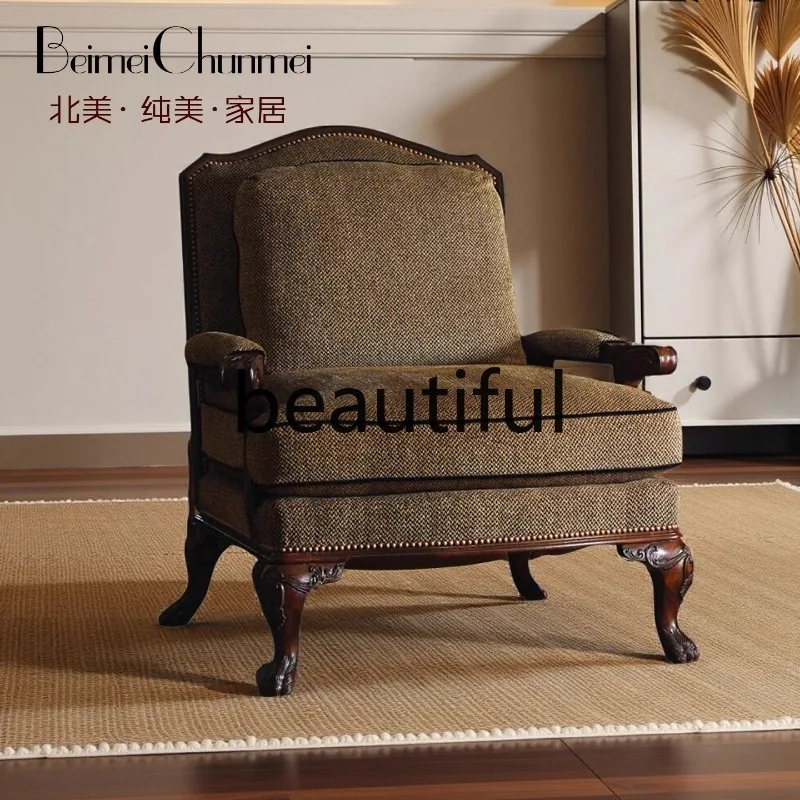 

American country retro single sofa chair, solid wood carving flower balcony leisure chair