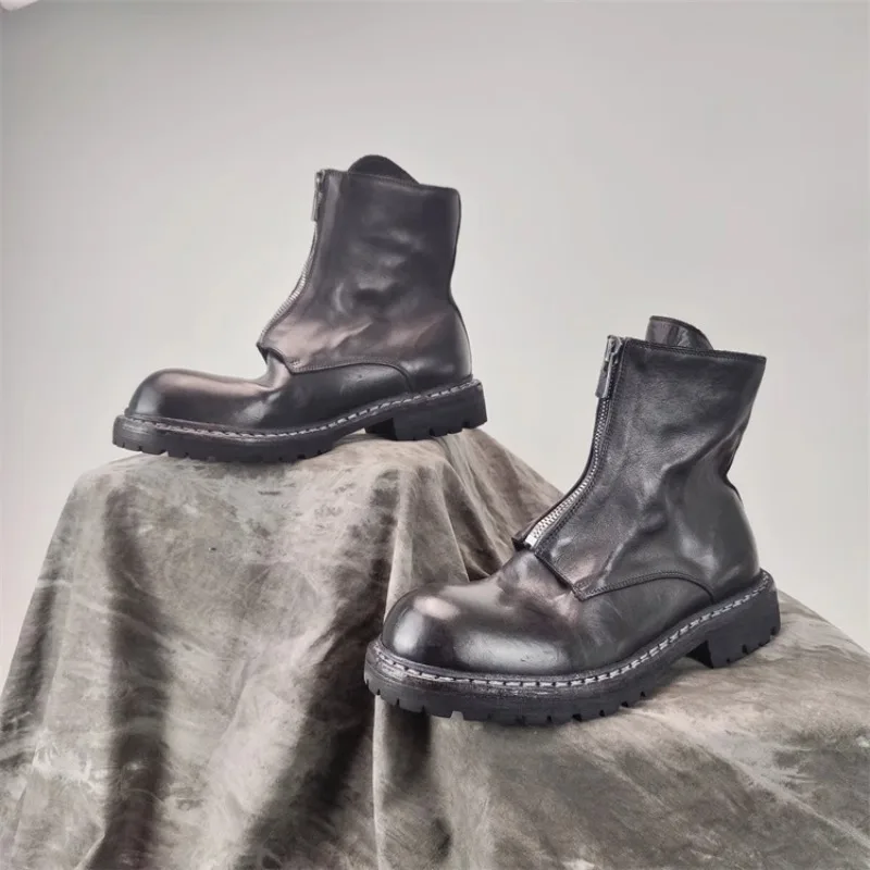 British Men Shoes Front Zipper Vintage Genuine Leather Motorcycle Boots Outdoor Hiking Women Work Boots Luxury Chelsea Boots