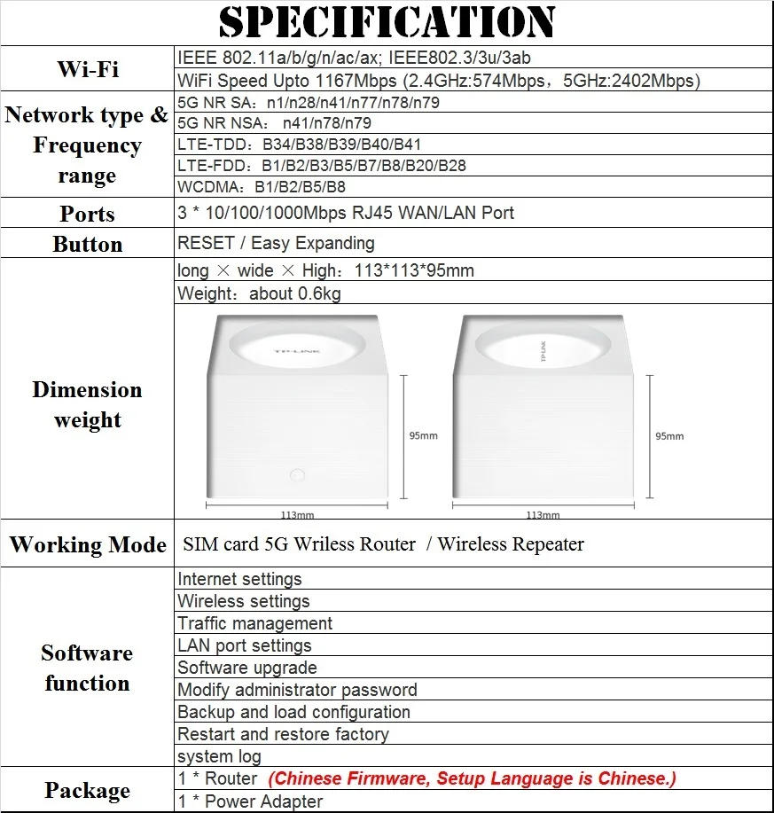 Nano-SIM-Kartensteckplatz Dual-Mode 5G 4G Netcom Wireless Mesh WiFi 6 Router 802.11ax/AC 2,4 GHz 574 M 5 GHz 2402 M 1000 M WAN/LAN RJ45-Port