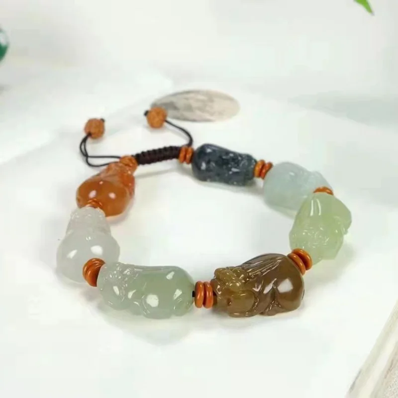 

Hetian Multi-Gem Jade Pixiu Beads Красочный регулируемый браслет ручной работы из бисера