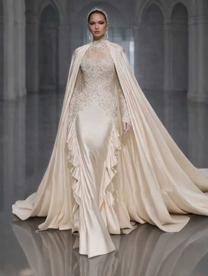 Champagne Muslim Caftan Wedding Dresses with Cape Wrap Luxury Long Sleeve High Neck Church Bridal Gown Garment Customized