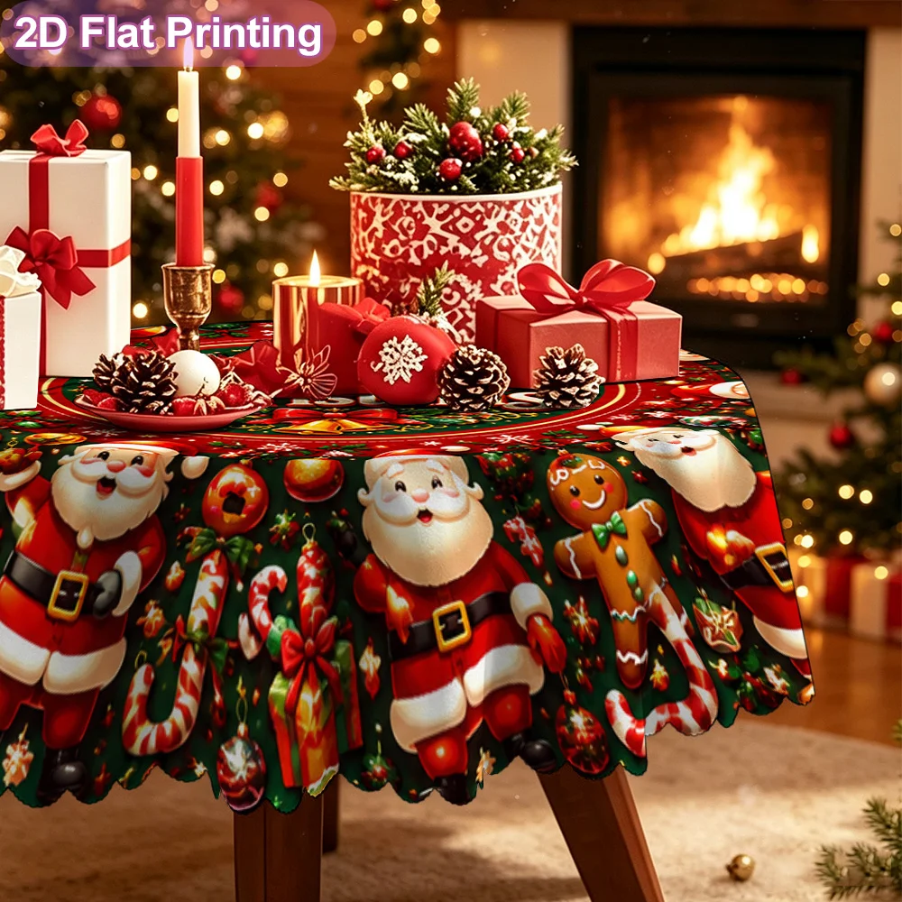2D flat monolithic round tablecloth, Merry Christmas, Gingerbread Carpet Printed Festive Tablecloth with Embossed Edge