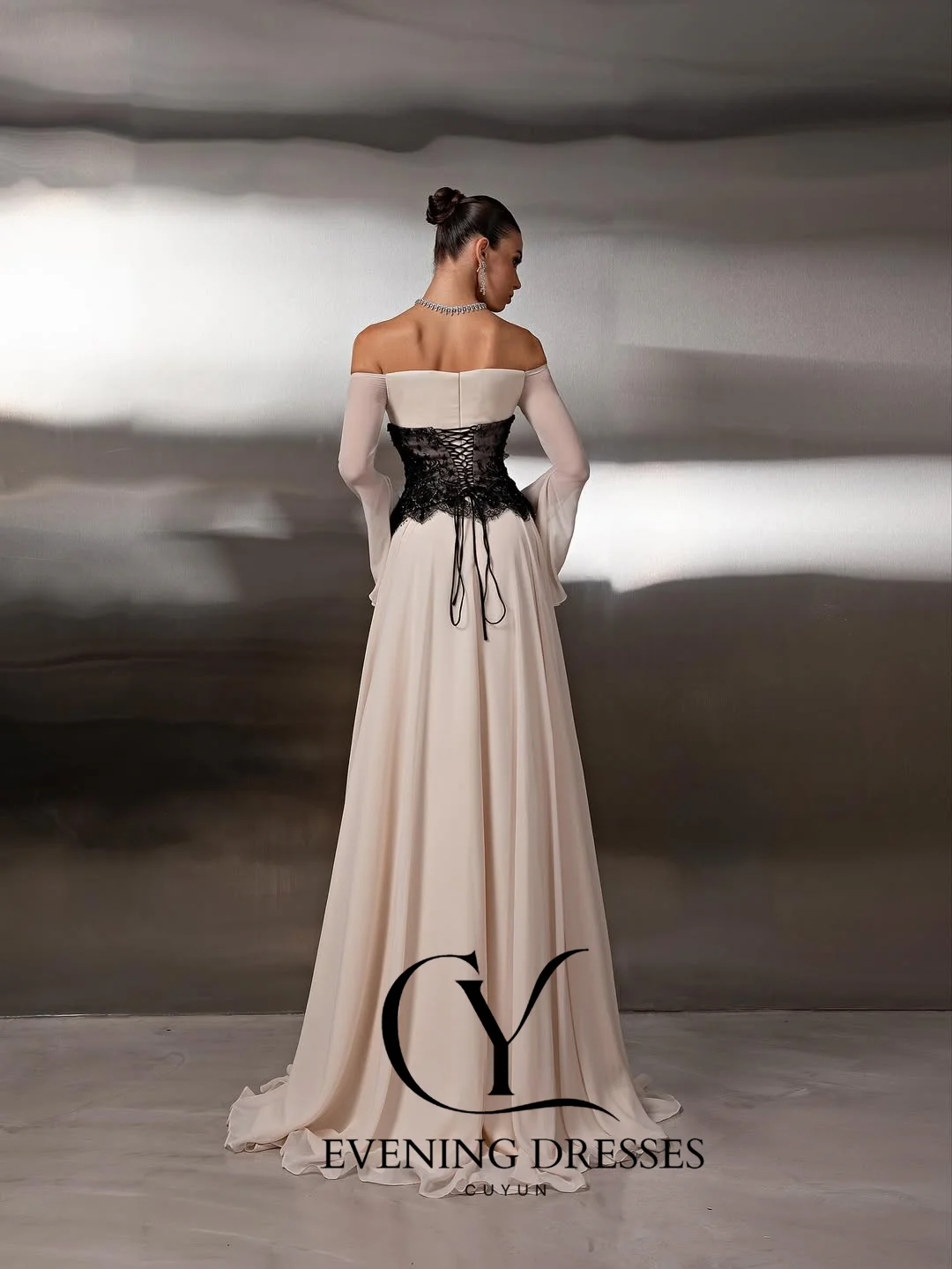 CUYUN Boat Neck Chiffon and Lace Evening Dresses Formal Customized Prom Gown Long Sleeves Elegant Party Dress for Wedding Guest