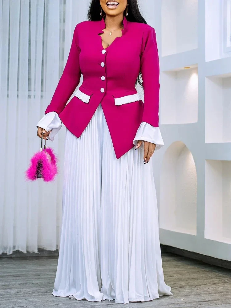 

BWQ Women's Set Full Flare Sleeve Button Blazer Shirt + Pleated Long Pants Suit Streetwear Two 2 Piece Set Africa OL Outfits