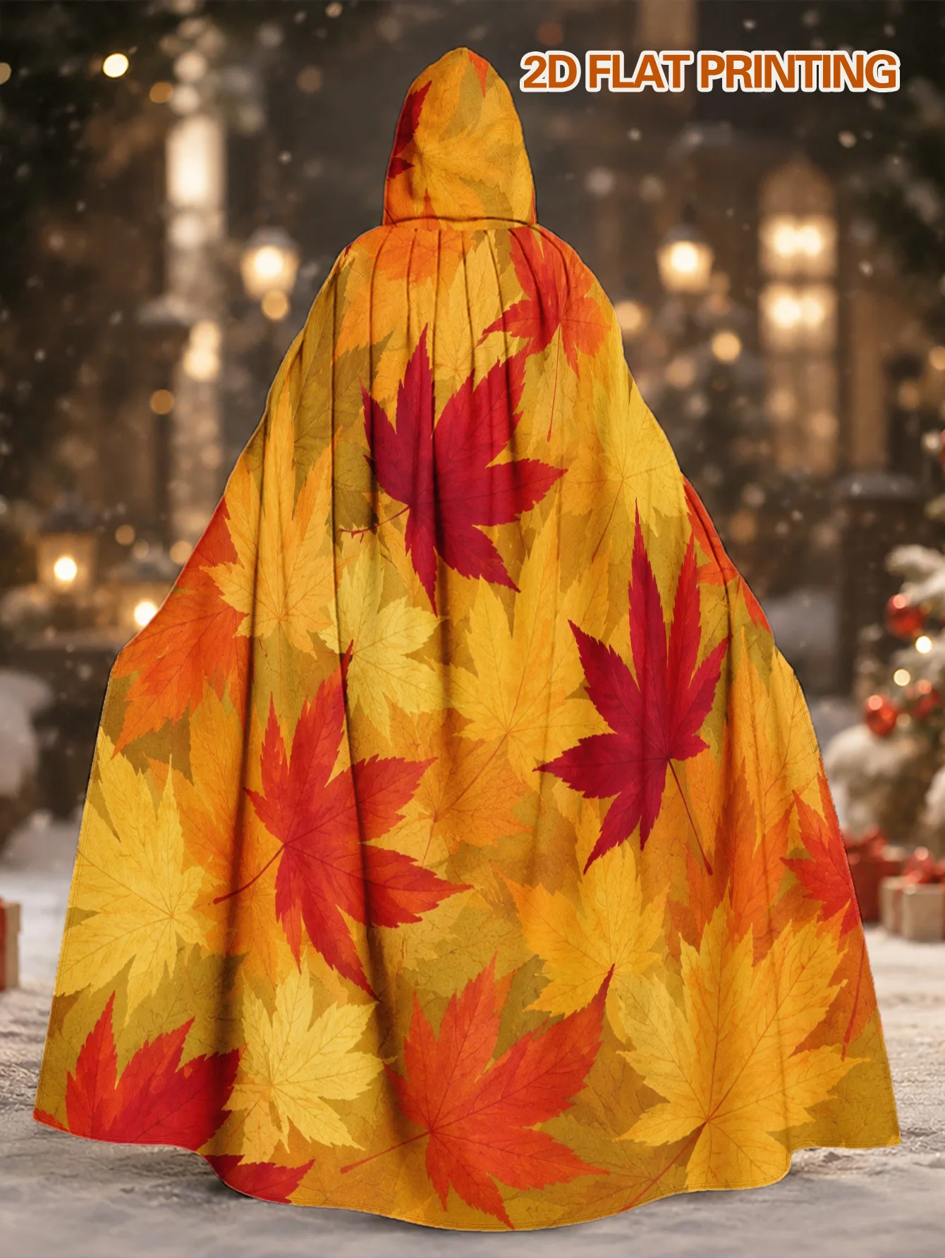 1pc Adult Hooded Cloak in Autumn Maple Leaves Print, Polyester Costume Cape for Halloween Horror Nights Christmas Cosplay