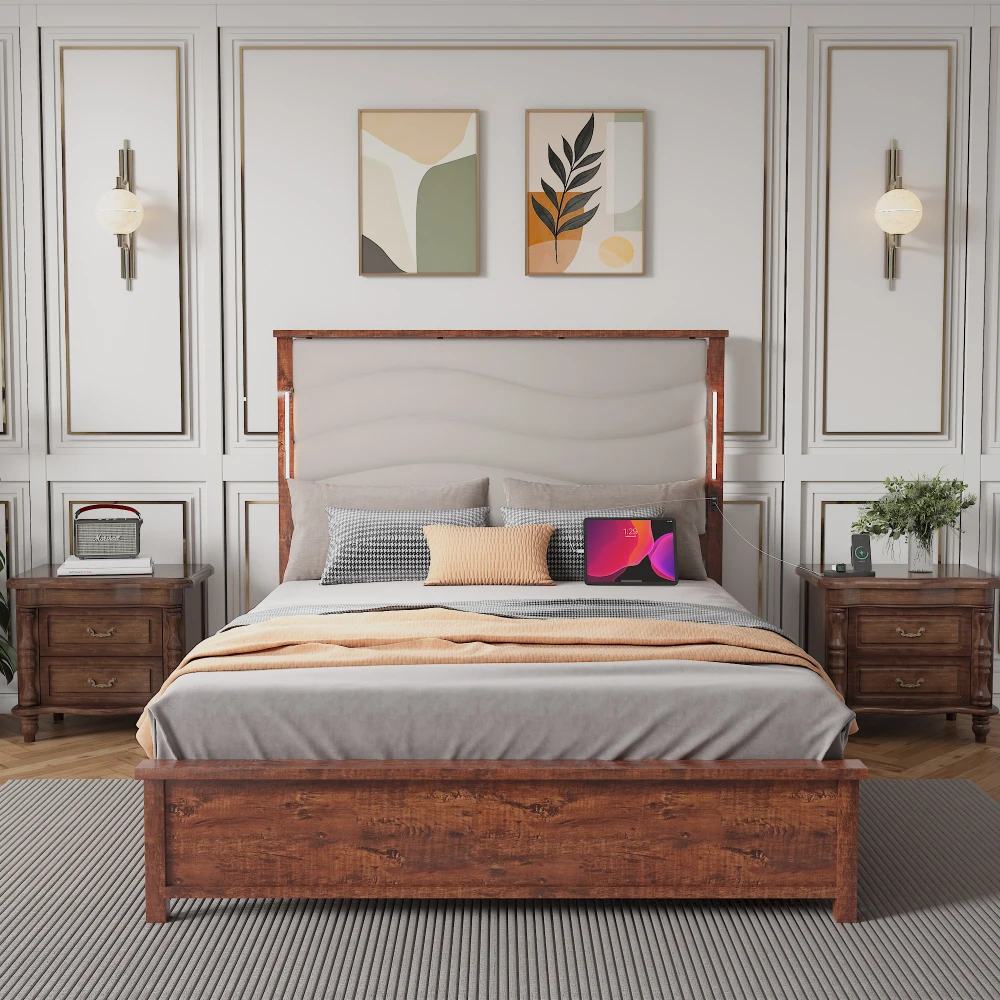 Modern Wood Bed Frame with USB Ports & LED Light Bar, Dark Gray Linen Headboard, No Box Spring Needed, Easy Assembly - King Size