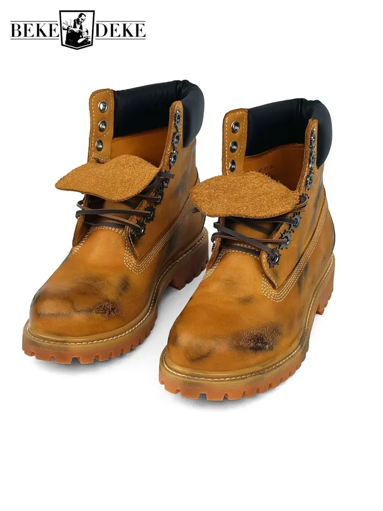 Botas de trabajo de cuero genuino de vaca vintage para hombre, con cordones, de caña alta, plataforma gruesa, botines de diseñador nuevos para montar a caballo.