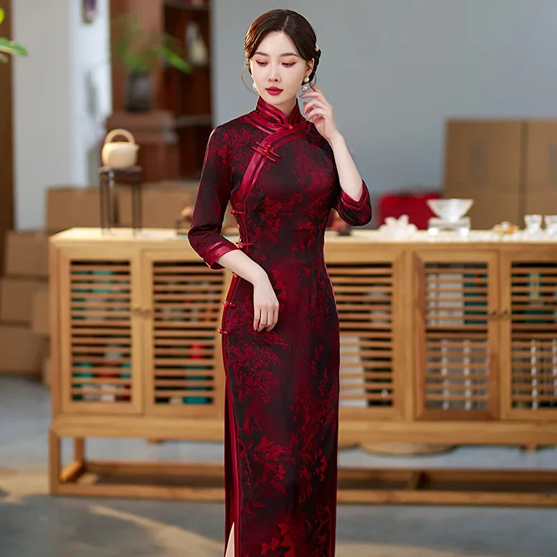 Yourqipao Spring Stand-up Collar Red Retro Cheongsam Banquet Evening Dress Qipao Traditional Chinese Clothing for Women