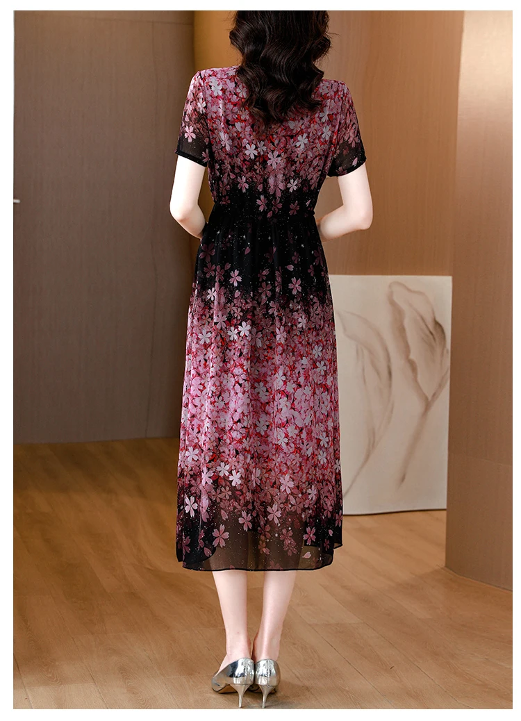 2023 Summer Silk Short Sleeves Chiffon Dress O-Neck Flower Print Bohemian Women's Waist Shrinking Large Size Long Dress Robe