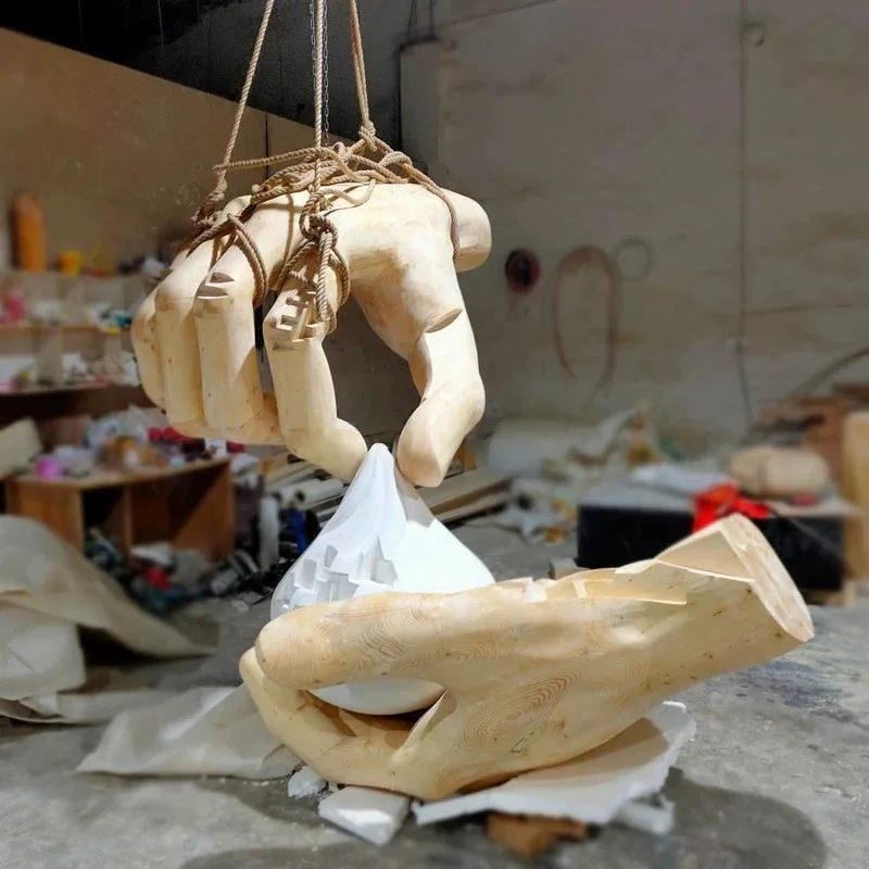 Artisan-Made Large Solid Wood Hand Sculpture Customizable Mall Restaurant Public Space Decor