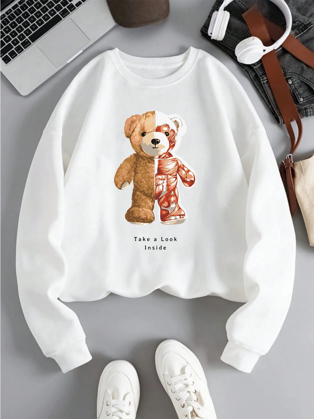 Muscle Bear Sweatshirt Damen Take A Look Inside Letter Prints Hoodies Fleece Warm Crewneck Loose Pullover Mode Damen Tops