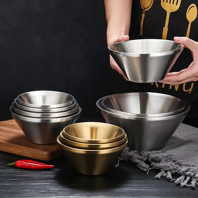 

304 Stainless Steel Double Ramen Soup Bowl Japanese Kitchen Noodle Rice Tableware Silver Salad Fruit Container Plates for Food