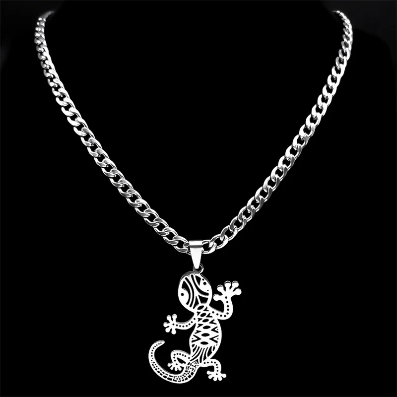 Glückliche Eidechse Gecko Halskette Edelstahl kette für Männer Frauen Tier Hip Hop Punk hohle Halsketten Schmuck Geschenke nzzz515s03 – Detail 5
