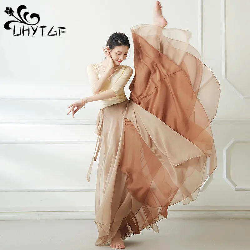 Classical Dance Skirt 720 Degrees Flowing 2 Layers Long Chifon Maxi Skirt Ethnic Style Stage Performance Classical Dance Costume