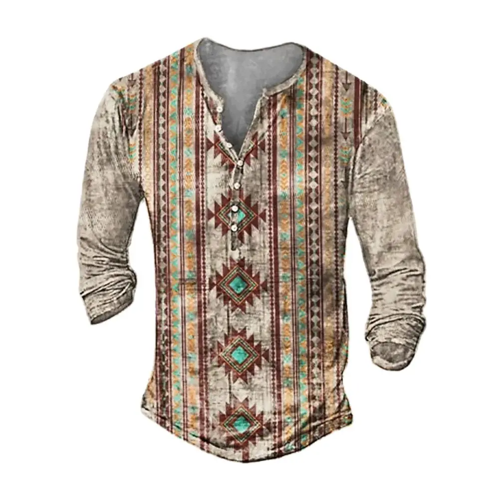3d Ethnic Style T-Shirt Long Sleeve 7 Button T-Shirt Cotton Clothing Fashion Casual Mens Tops V-Neck Loose Oversized Men Tees