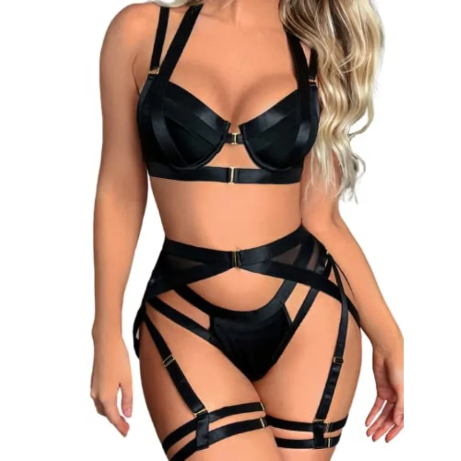 

Strappy Harness, All Adjustable, Underwire Racerback, 4pc Garter Set