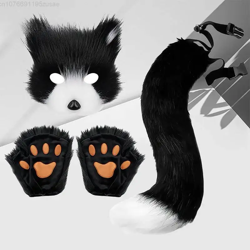 Guantes de piel esponjosa con forma de cola de zorro y patas de gato, máscara facial, disfraz de lobo, conjunto de máscara therian, accesorios para fiesta de Halloween