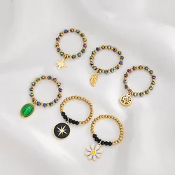 Vintage Metal Stainless Steel Handmade Elastic Beaded Adjustable Ring For Women Heart Star Flower Pendant Ring Fashion Jewelry