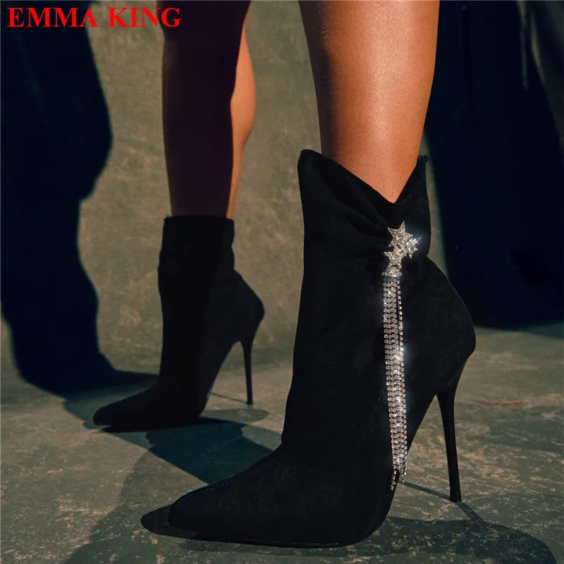 

Winter Crysyal Tassel Women Boots Fashion High Heels Party Shoes 2022 New Suede Pointed Toe Ankle Boots Ladies Shoes Botas Mujer