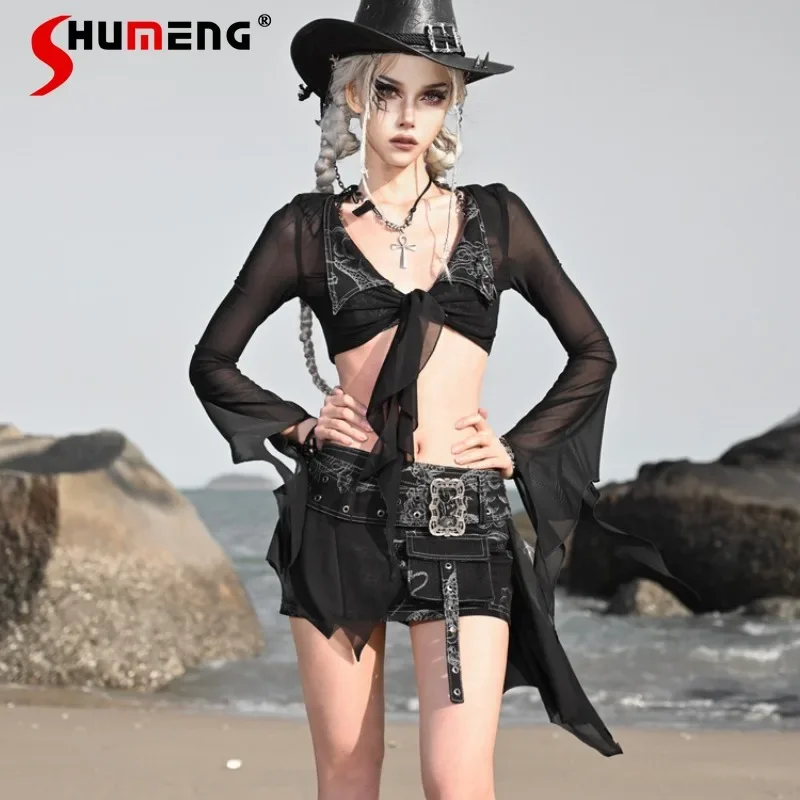 

Women's Clothing Summer Short Sexy Stretch Denim Mesh Strap Cardigan Jacket With Long Sleeves Black Slimming Cool Outwear Shirt