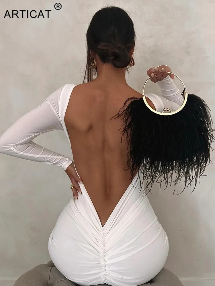 Articat Sexy Backless Ruched Maxi Dress Women White Long Sleeve Evening Dresses Female Autumn Skinny Elegant Party Clubwear 2022