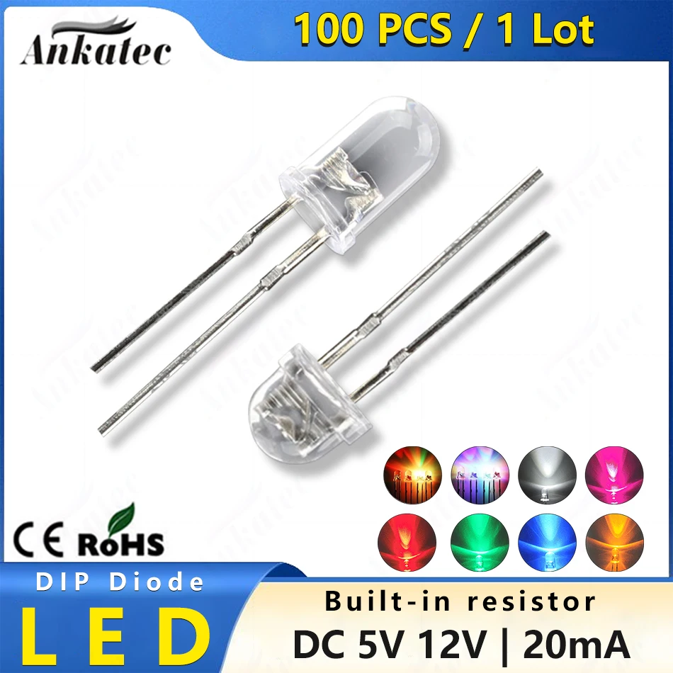 100pcs LED Light Emitting Diodes Plug DIP-2 Transparent Straw Hat Lamp Bead 5mm 3mm Red Green Blue Flashing White 20mA DC 5V 12V