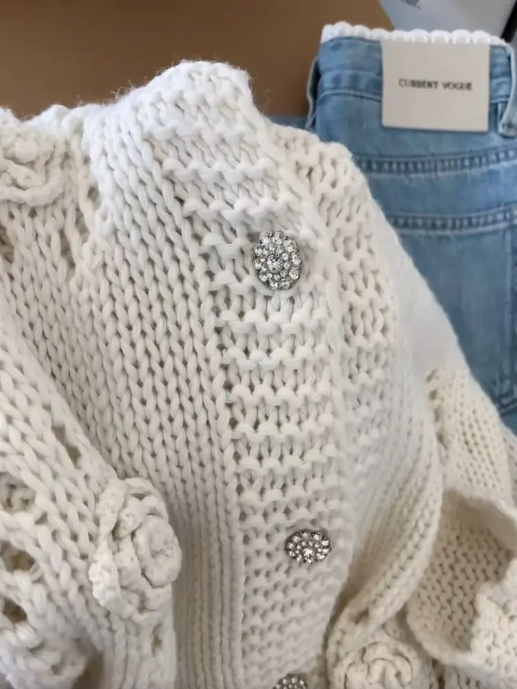 Herbst Casual Haken Blume Aushöhlen Pullover Strickjacke Frauen Rundhals Lange Ärmeln einreiher Süße Gestrickte Mantel