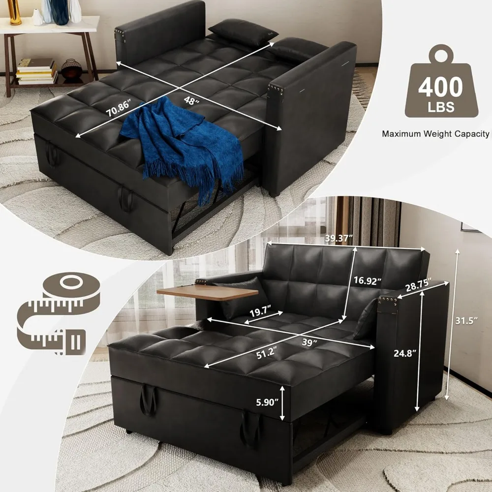 Convertible Sofa Bed, 3-in-1 Multi-Functional Faux Leather Sleeper Couch Pull-Out Bed, 48'' Loveseat Bed Chaise Lounge