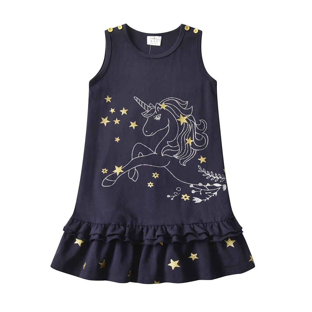 VIKITA Girls Sleeveless Summer Cotton Casual Daily Dress Kids Licorne Star Print Cartoon Vetidos Girls Ruffles Straight Dresses