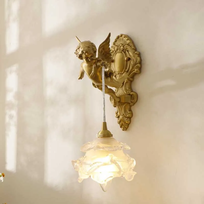 French vintage crystal feature wall brass wall lamp, American little angel bedroom lamp, bedside wall lamp