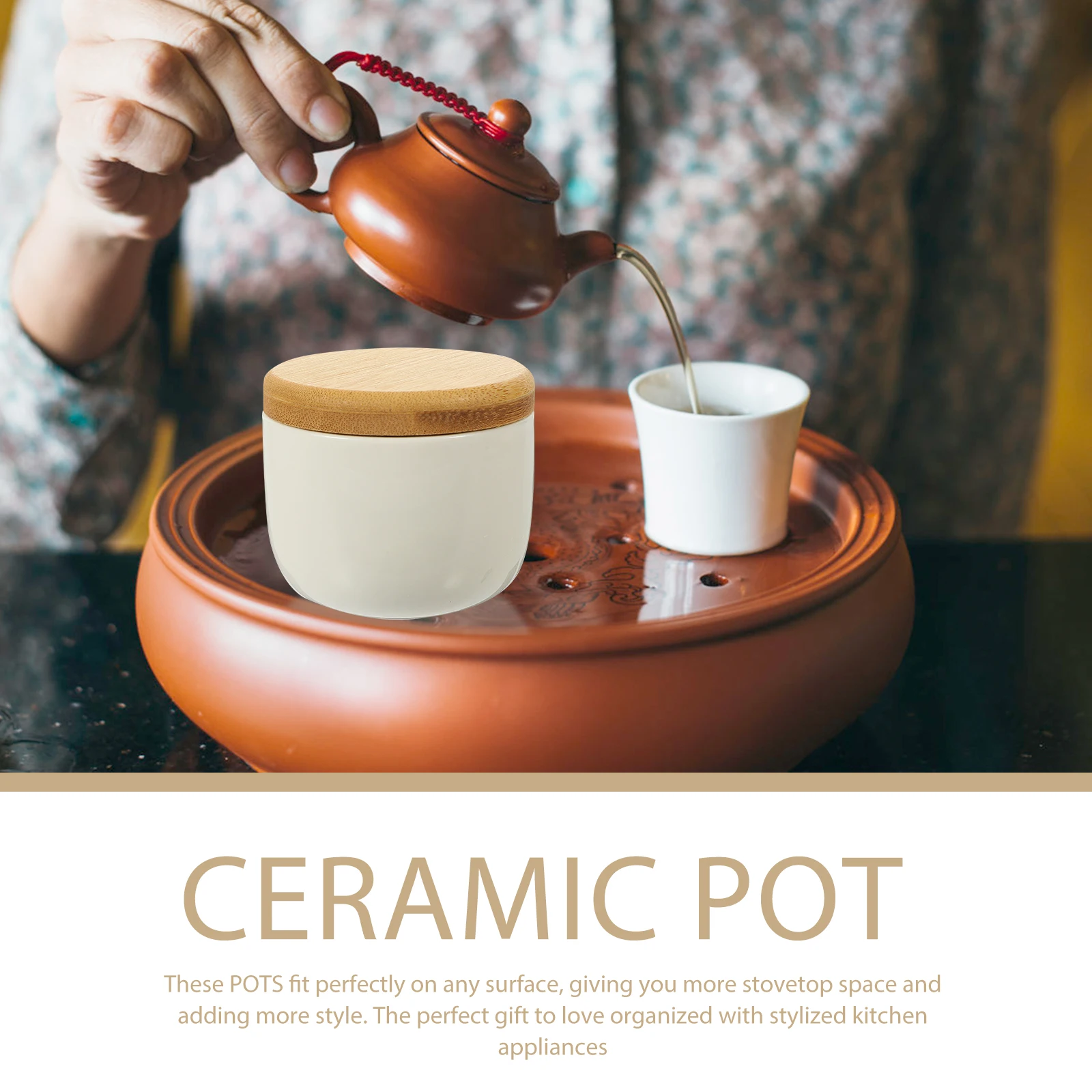 

2pcs Sealing Ceramic Tea Can Bamboo Cover Storage Jar Spice Grains Container Portable Kitchen Organizer Decorative Jar