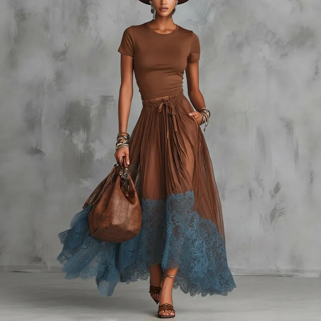 

2026 New V Neck Short Sleeve Underwear Top High Waist Lace Spliced Midi Skirt Two Piece Set Women Slim Fit Temperament Outfit