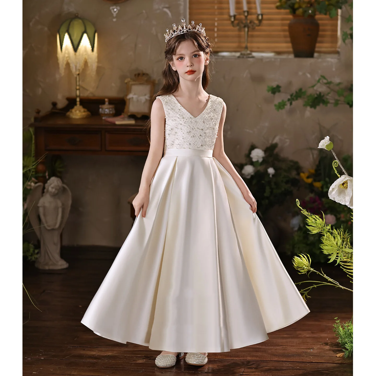 Custom Luxury Dress Wedding Guest Gown Flower Girl Gown Birthday Party Gown Pageant Show White V Neck Satin Gown