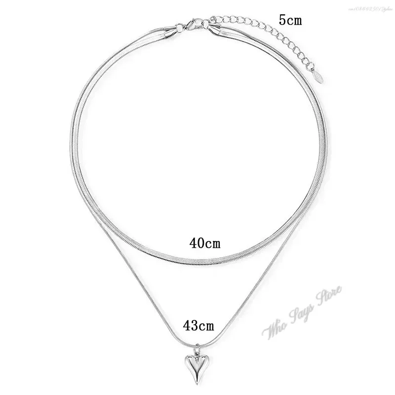 Stainless Steel Necklace Double Layered Love Heart Pendant Necklace for Women Simple Silver Color Long Neck Chain Female Jewelry