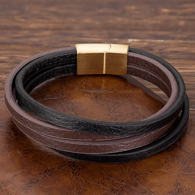 MKENDN Fashion Stainless Steel Bangle Multilayer Black Coffee Genuine Leather Bracelet Men Vintage Male Jewelry for women