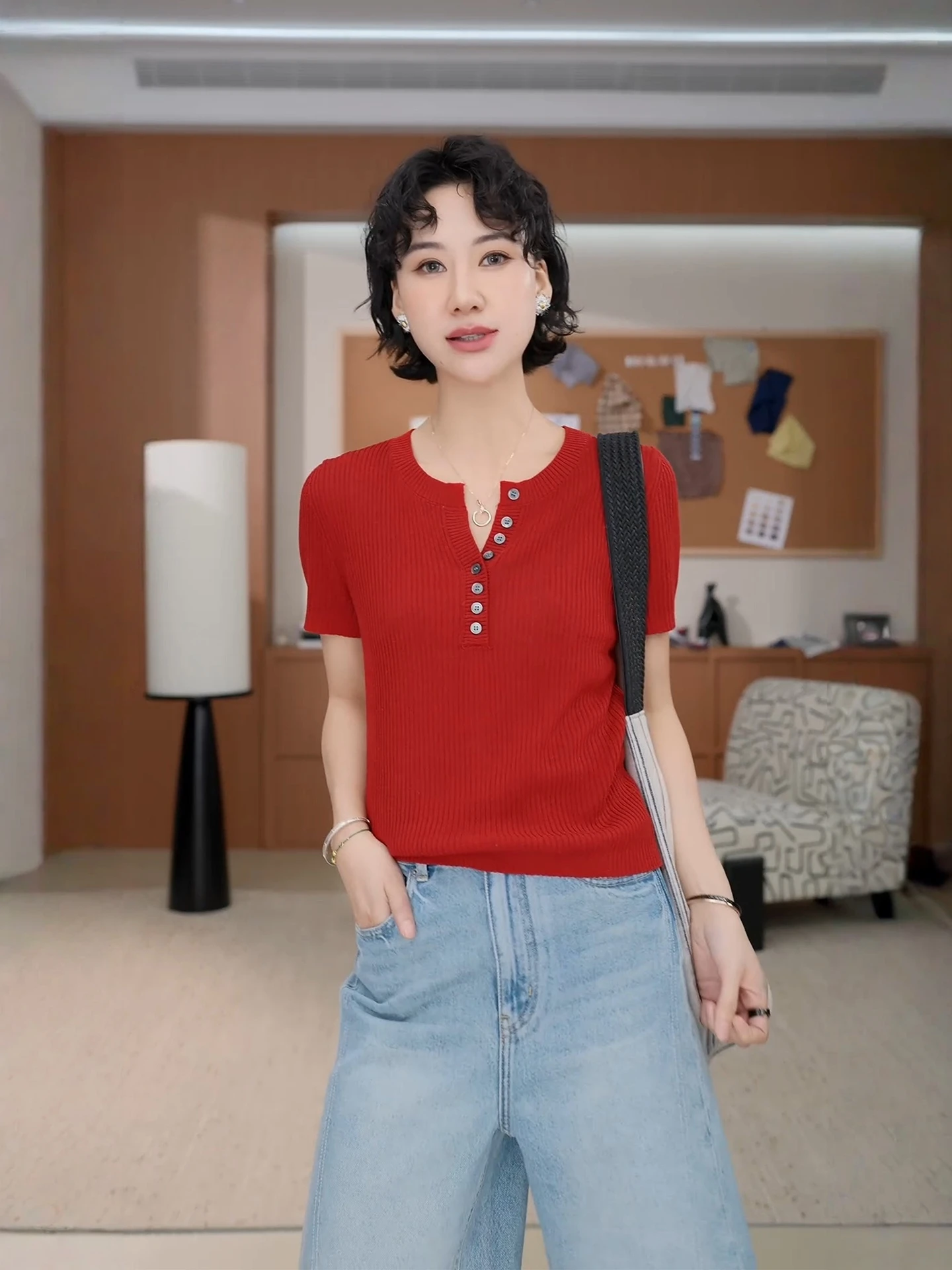 

TT 【Evening Curtain Shadow】Slim Fit Henry Collar Knitwear Women Spring Summer New Style Short Sleeve Casual Wear