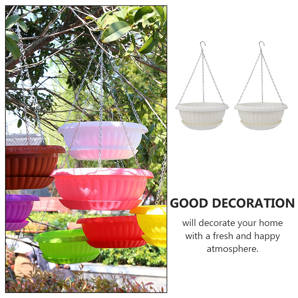 

2pcs Resin Plastic Flower Pot With Tray Hanging Planter For Balcony Garden Wall Ornament Suspension Plant Container Decor