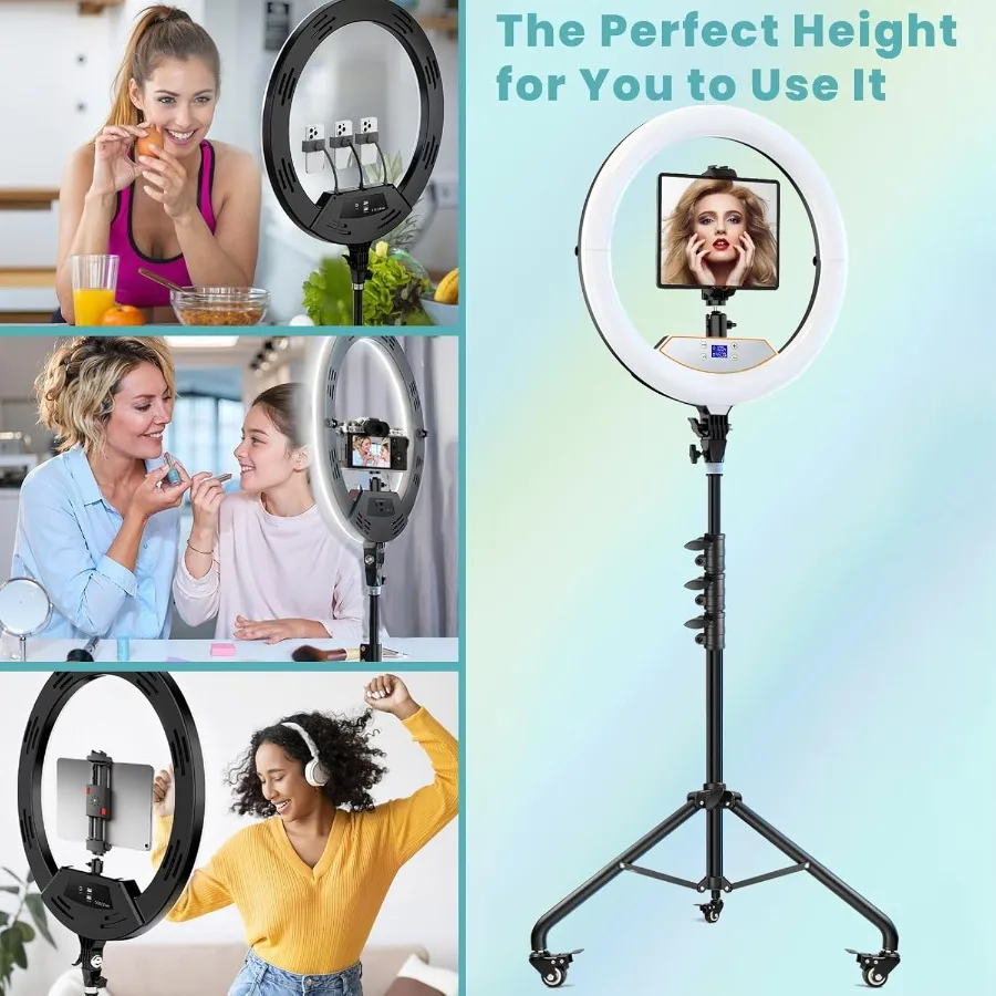 ไฟวงแหวนพับได้ 22 ดวง พร้อมขาตั้งปรับระดับได้สำหรับ iPhone iPad และอุปกรณ์มือถือ ขาตั้งแบบมีล้อ 75 องศา พร้อมไฟ LED 50W 6500K