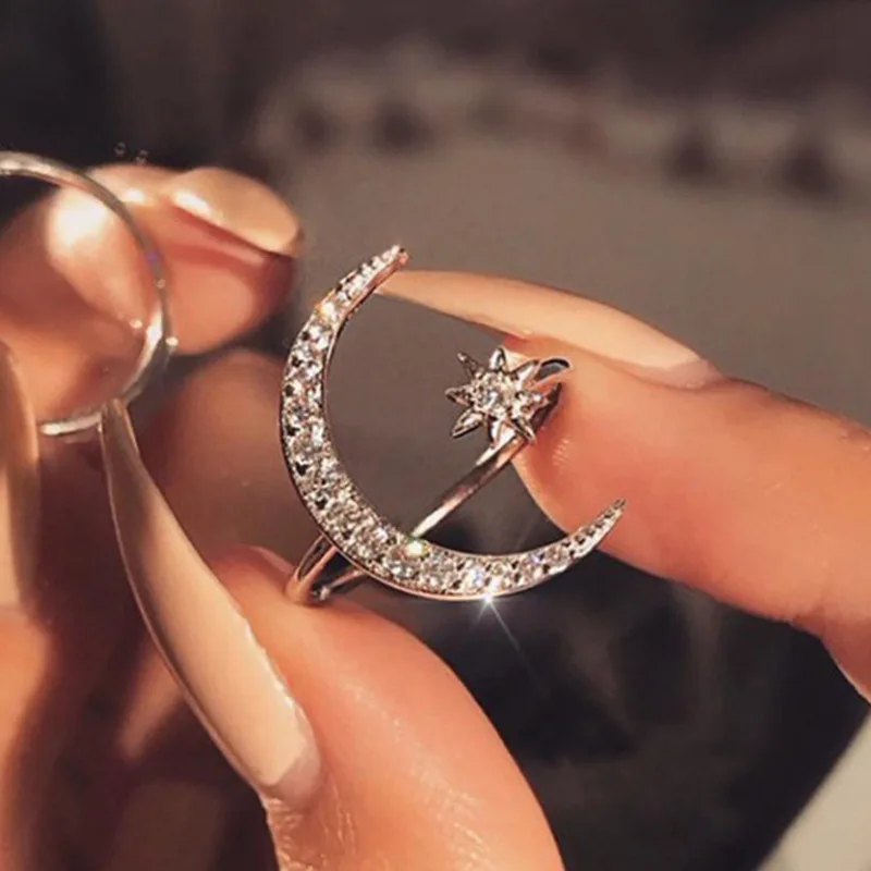 1pcs Hot Selling Instagram Minimalist women's Fashionable Open Mouth Ring Light Luxury Art Diamond Studded Star And Moon Ring