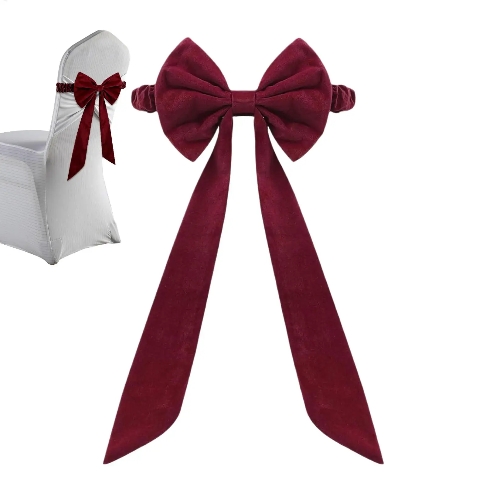 Velvet Chair Sashes Big Bows Tie Back Elastic Band Red Ornaments Chair Decor for Christmas Wedding Party Banquet Holiday Event view 2